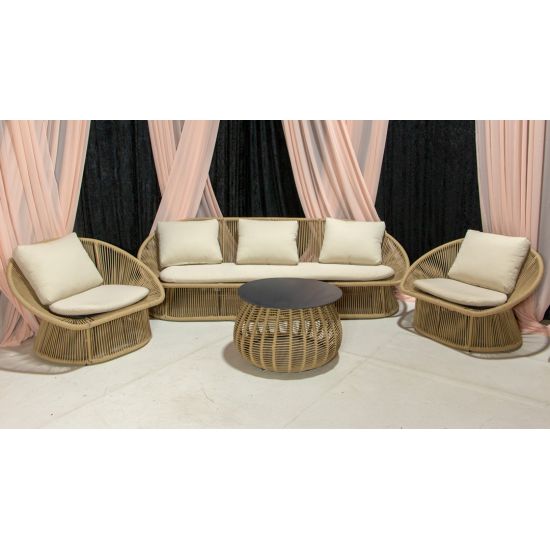 Spade round coffee table with black top and woven beige synthetic-rope base, 18″ H × 27.5″ D event lounge piece
