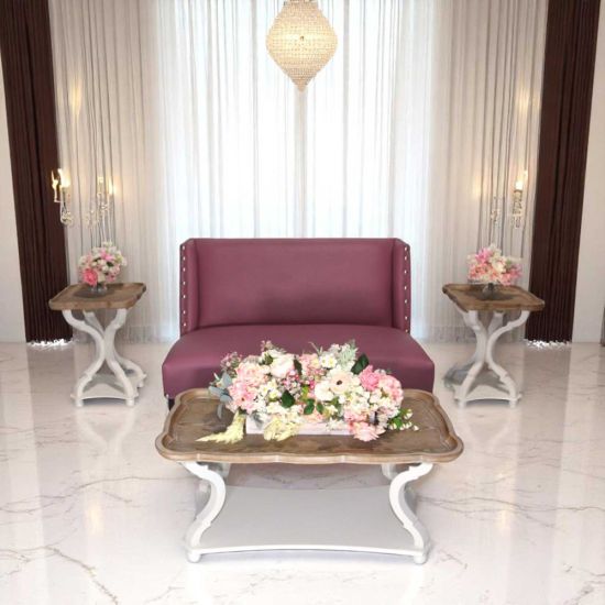 French country rectangular side table with carved wood legs and lower shelf, rustic accent table for weddings and event lounges