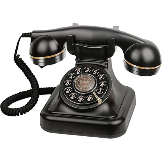 Black vintage-style rotary audio guest book wedding phone with handset and cord, classic event décor rental.