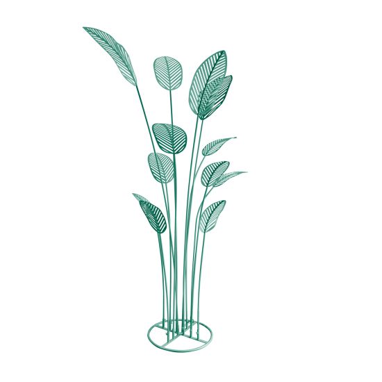 Light green metal palm leaf floor sculpture with tall stems and multiple leaves, tropical event décor accent.