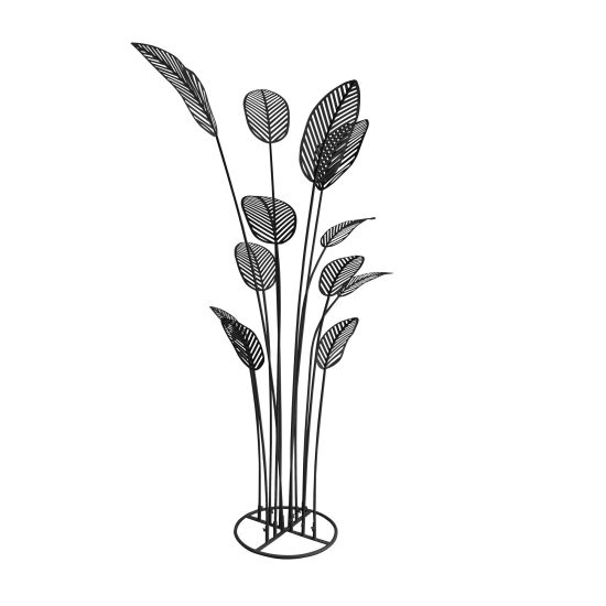 Black metal palm leaf floor sculpture with multiple leaves, modern tropical event décor accent.