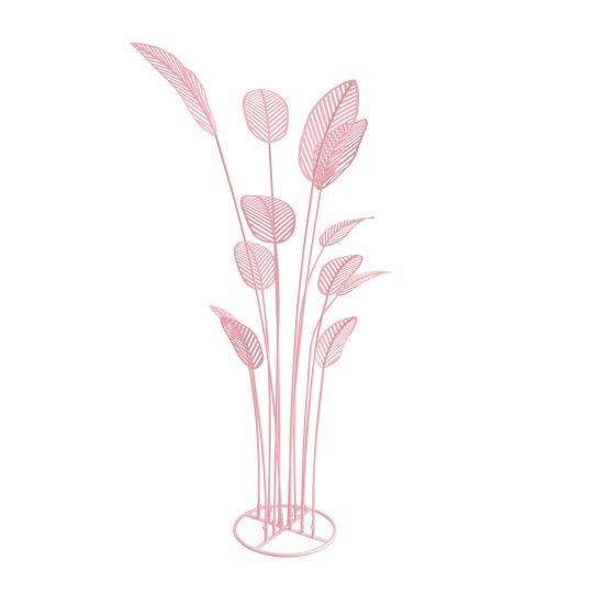 Pink metal palm leaf floor sculpture with tall stems and multiple leaves, modern tropical event décor accent.