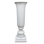 Tall white Grecian urn pedestal with flared top and stepped base, classic wedding decor column for florals and displays.