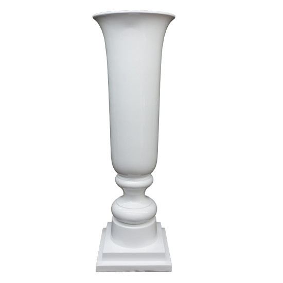 Tall white Grecian urn pedestal with flared top and stepped base, classic wedding decor column for florals and displays.