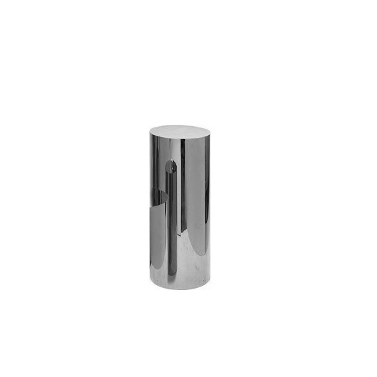 Silver mirrored cylinder pedestal with sleek reflective surface, 39-inch height display stand for event decor, florals, and desserts.