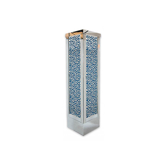 Tall silver mirrored column with wave-style laser-cut pattern and blue inner panel, modern event decor pedestal for weddings and displays.