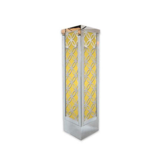 Tall silver mirrored column with circular laser-cut pattern and yellow inner panel, bold event decor pedestal for weddings and display styling.