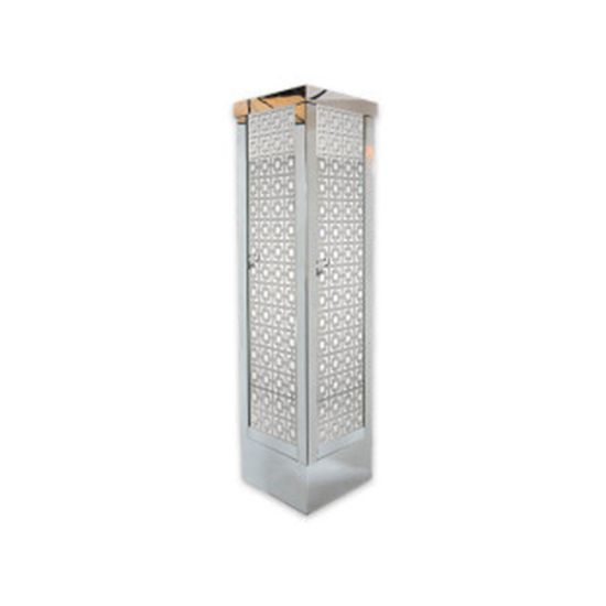 Tall silver mirrored column with target-style laser-cut pattern and white inner panel, elegant pedestal for weddings, events, and décor displays.