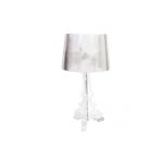 Large clear Colosseum table lamp with transparent pleated shade and ornate base, elegant accent lighting for weddings and event lounges.