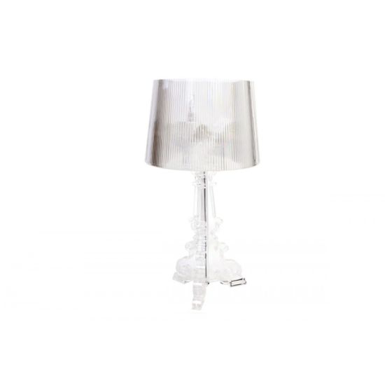 Large clear Colosseum table lamp with transparent pleated shade and ornate base, elegant accent lighting for weddings and event lounges.