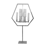 Silver hexagon chandelier stand with hanging crystal-style candle sleeves, modern geometric décor piece for weddings and upscale events.