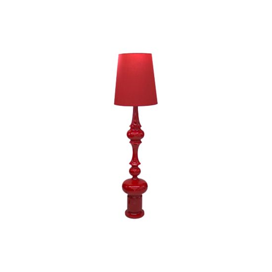 Tall red Glam table lamp with tapered shade and stacked sculpted base, bold accent lighting for parties, lounges, and event décor styling.
