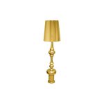 Tall gold Glam table lamp with tapered shade and stacked sculpted base, luxury accent lighting for weddings and upscale event lounges.