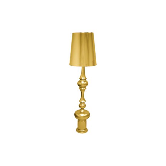 Tall gold Glam table lamp with tapered shade and stacked sculpted base, luxury accent lighting for weddings and upscale event lounges.