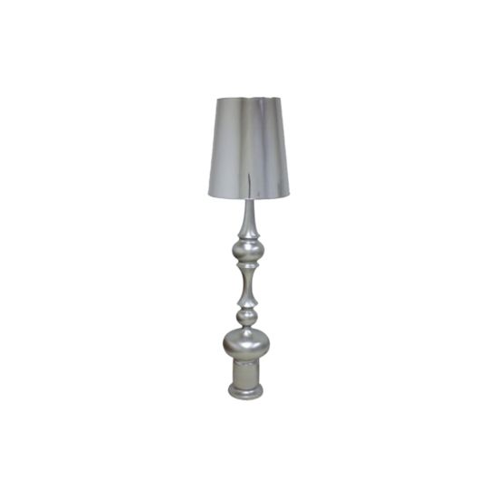 Tall silver Glam table lamp with tapered shade and stacked sculpted base, sleek accent lighting for modern events and lounge décor.