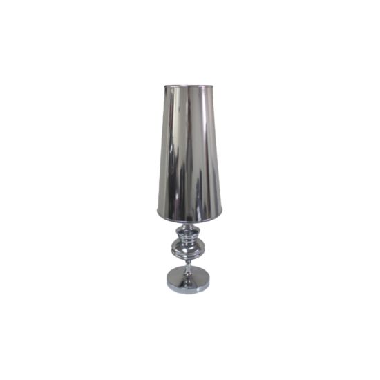 Small silver Glam table lamp with tapered shade and stacked rounded base, sleek accent lighting for modern events and lounge décor.