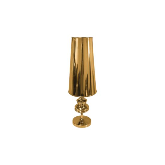 Small gold Glam table lamp with tapered shade and stacked rounded base, luxe accent lighting for weddings and event lounge décor.