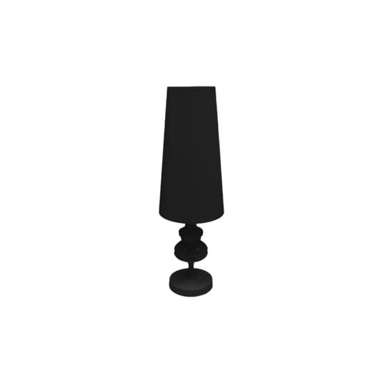 Small black Glam table lamp with tapered shade and stacked rounded base, modern accent lighting for event lounges and décor styling.
