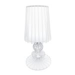 White wire-frame table lamp with open cage shade and round base, clean accent lighting for weddings and modern event décor setups.