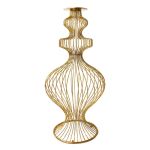 Gold wire-frame stand with sculptural bulb silhouette and open cage design, elegant event decor accent pedestal for lounges and displays.