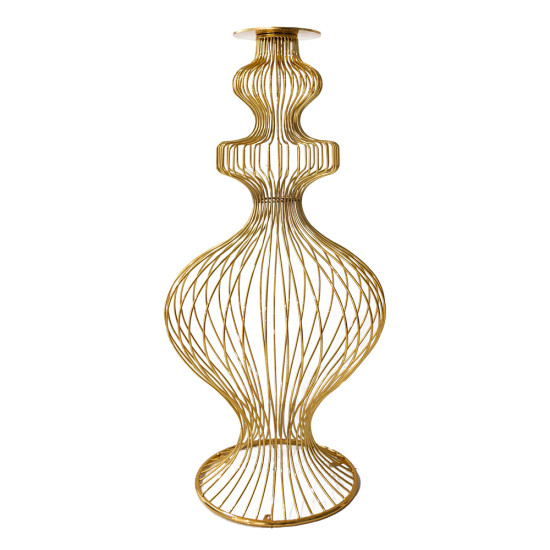 Gold wire-frame stand with sculptural bulb silhouette and open cage design, elegant event decor accent pedestal for lounges and displays.