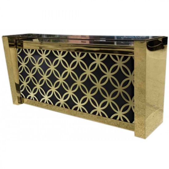 Art-Deco gold-metal front event bar rental unit with bold black geometric paneling “Reflection Bar 8′ Art Deco Extravaganza Gold-Black”