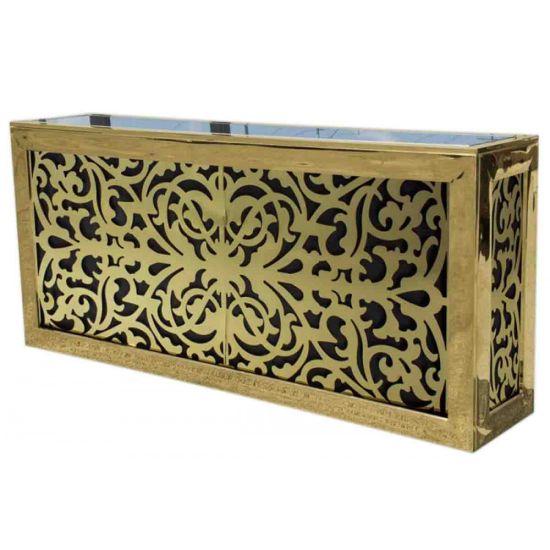 Gold-metal front “Reflection Bar 8′ (Dior) Gold” rental bar unit with sleek high-gloss finish for luxury event setups.