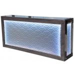 Gun-metal metallic front 8-ft “Reflection Bar 8′ (Sound Wave)” event bar rental unit with subtle wave-pattern panels for modern lounge cocktail stations.