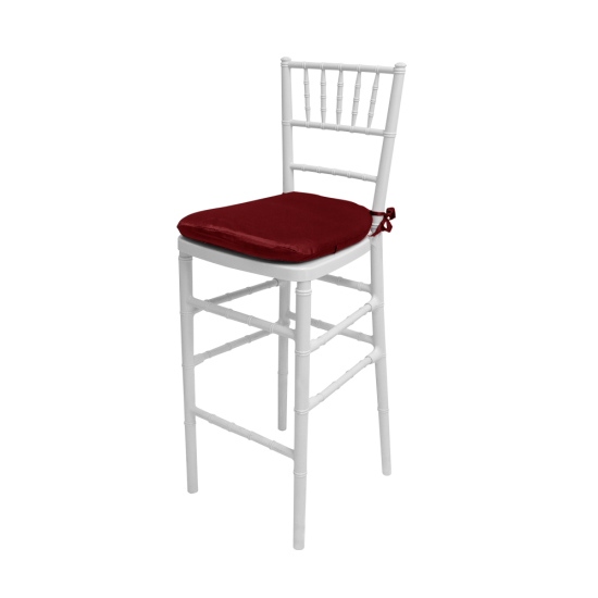 White Chiavari resin bar stool with spindled back and Brick cushion, sleek event-height seating for modern bar setups