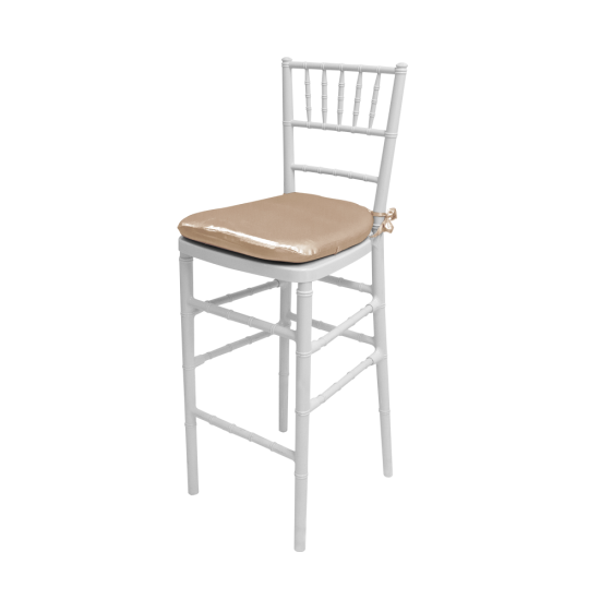 White Chiavari resin bar stool with spindled back and Champagne cushion, sleek event-height seating for modern bar setups