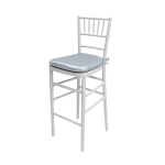White Chiavari resin bar stool with spindled back and Silver cushion, sleek event-height seating for modern bar setups