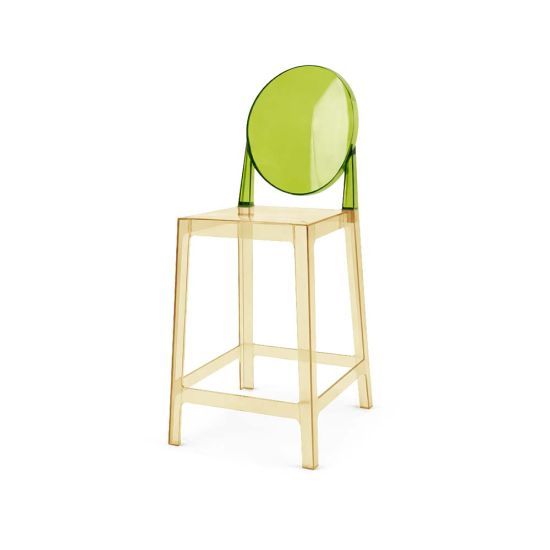 Transparent acrylic bar stool with amber base and seat and bright green round backrest, modern ghost-style bar stool for kitchen island or counter seating.