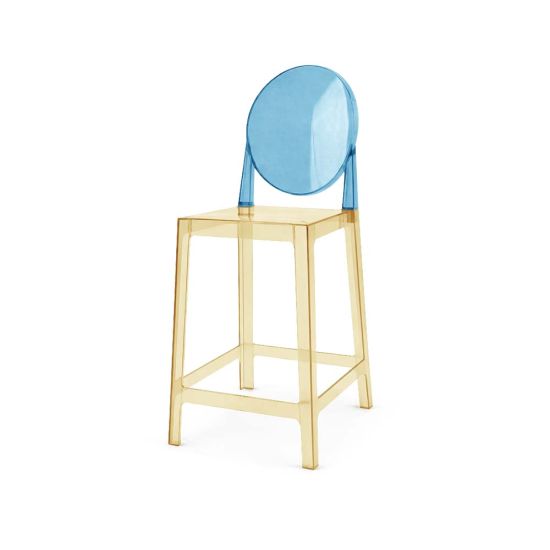 Transparent acrylic bar stool with amber base and seat and light blue round backrest, modern ghost-style bar stool for kitchen island or counter seating.