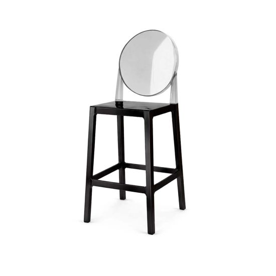 Modern black bar stool with a glossy seat and a translucent round backrest.