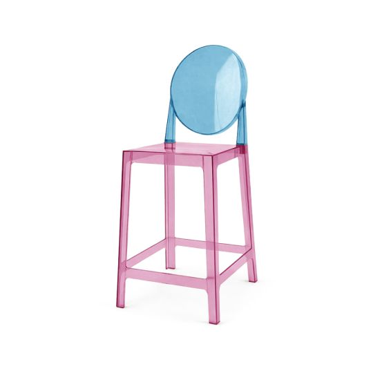 Transparent acrylic bar stool with pink base and seat and light blue round backrest, modern ghost-style bar stool for kitchen island or counter seating.