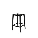 Black backless resin ghost bar stool with square seat and straight four-leg frame with foot-rail, modern event bar seating