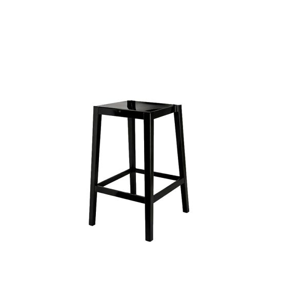 Black backless resin ghost bar stool with square seat and straight four-leg frame with foot-rail, modern event bar seating