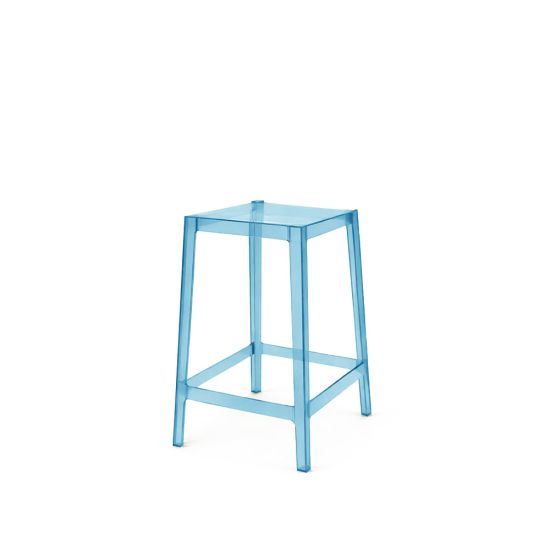 Ghost barstool without backrest made of transparent acrylic with square seat and modern clear frame for bar and event seating