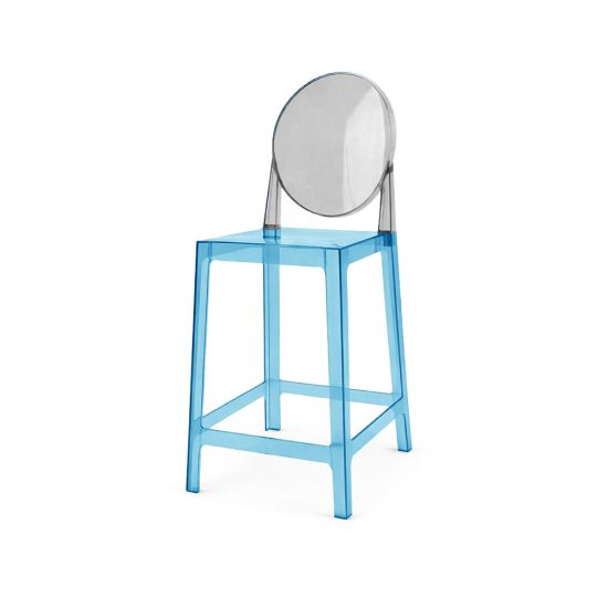 Transparent acrylic bar stool with light blue base and seat and smoky gray round backrest, modern ghost-style bar stool for kitchen island or counter seating.