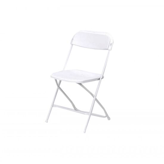 White Samsonite folding chair with padded seat and back, metal frame and compact foldable design for flexible event seating