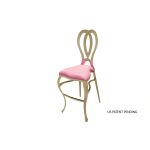 Gold Halexandria bar stool with Light Pink cushioned seat and curved metal backrest on bar-height frame with foot-rail