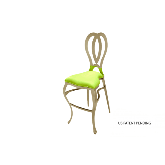 Gold Halexandria bar stool with Lime Green cushioned seat and curved metal backrest on bar-height frame with foot-rail