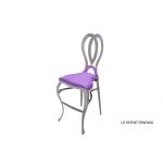 Silver Halexandria bar stool with Purple cushioned seat, curved metal backrest and foot-rail pedestal base for contemporary event bar seating