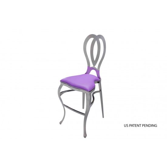 Silver Halexandria bar stool with Purple cushioned seat, curved metal backrest and foot-rail pedestal base for contemporary event bar seating