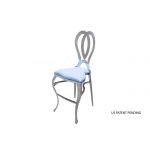 Silver Halexandria bar stool with Turquoise cushioned seat, curved metal backrest and foot-rail pedestal base for contemporary event bar seating