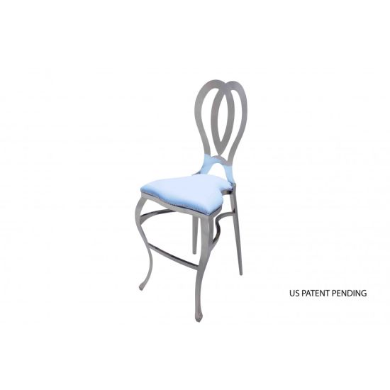 Silver Halexandria bar stool with Turquoise cushioned seat, curved metal backrest and foot-rail pedestal base for contemporary event bar seating