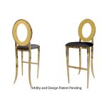 Gold Oz bar stool with Black cushioned seat, round open backrest and gold metal foot-rail base for upscale event bar seating