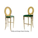 Gold Oz bar stool with Emerald Green cushioned seat, round open backrest and gold metal foot-rail base for upscale event bar seating