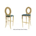 Gold Oz bar stool with Tiffany Blue cushioned seat, round open backrest and gold metal foot-rail base for upscale event bar seating