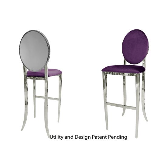 Silver Solid bar stool with Eggplant cushioned seat, polished stainless-steel round back and foot-rail base for sleek modern bar-height seating